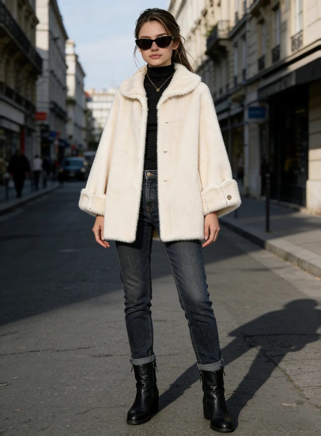 Cream Plush Coat styled as fashion outerwear