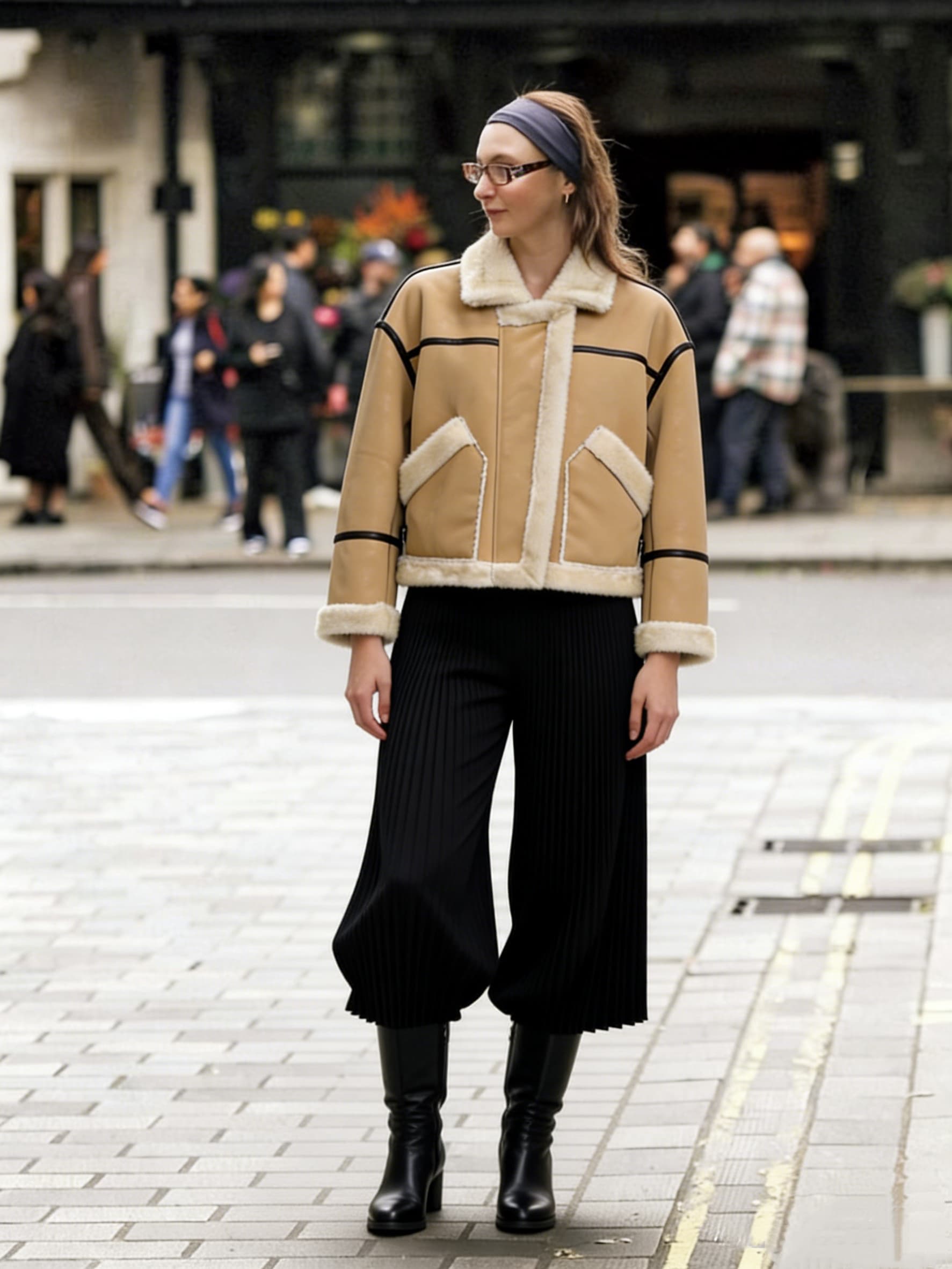 Tan Shearling Coat styled on model