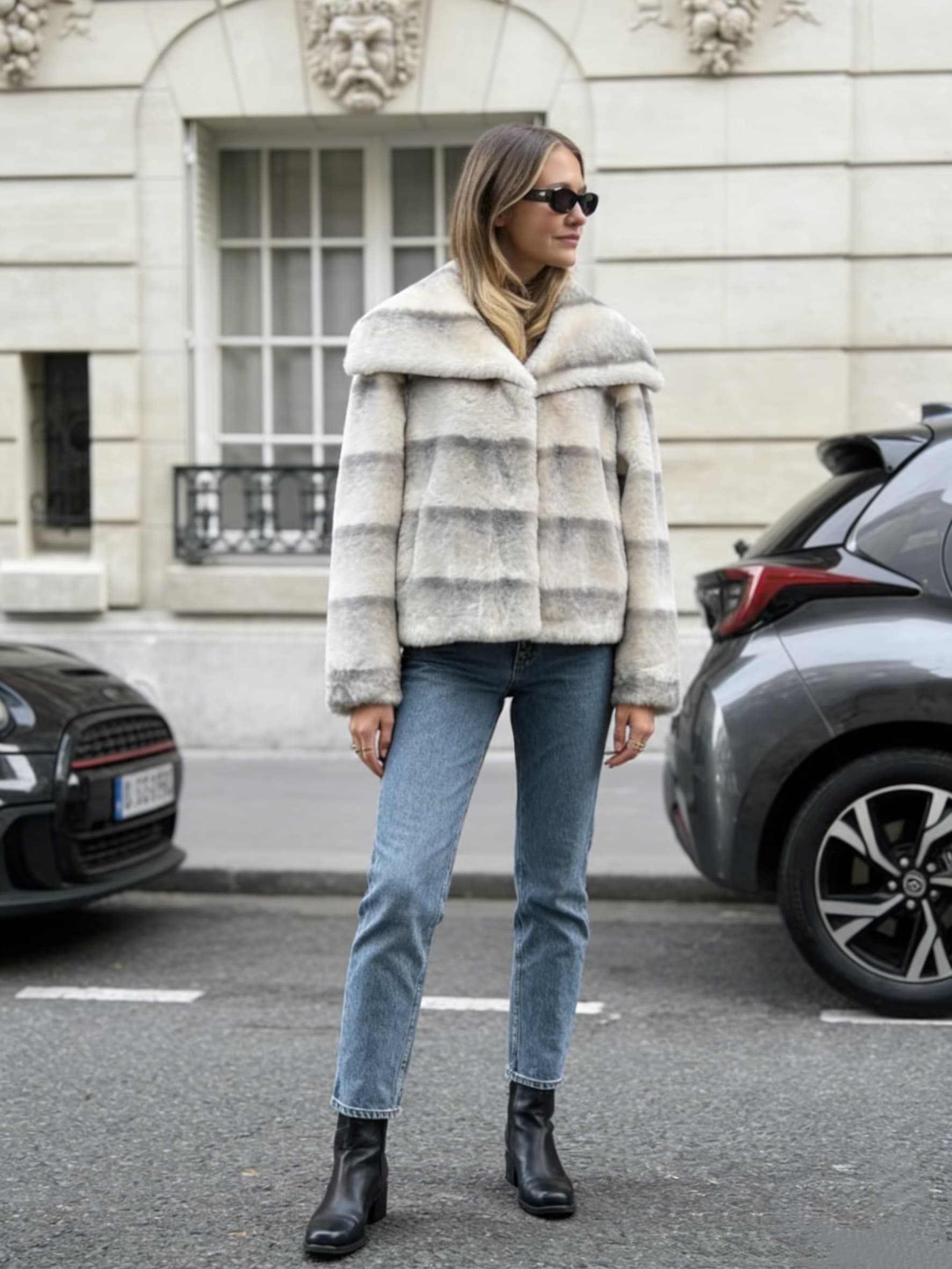 White & Cream Long Fur Coat styled on model