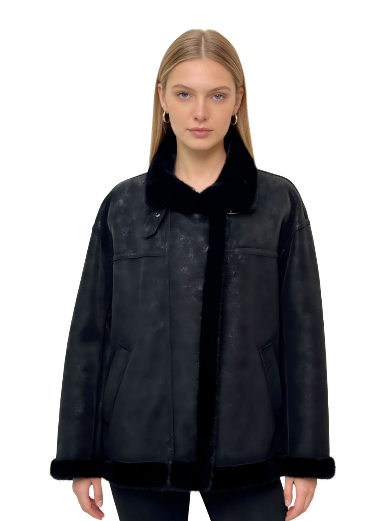 Black Leather Fur Coat JC037
