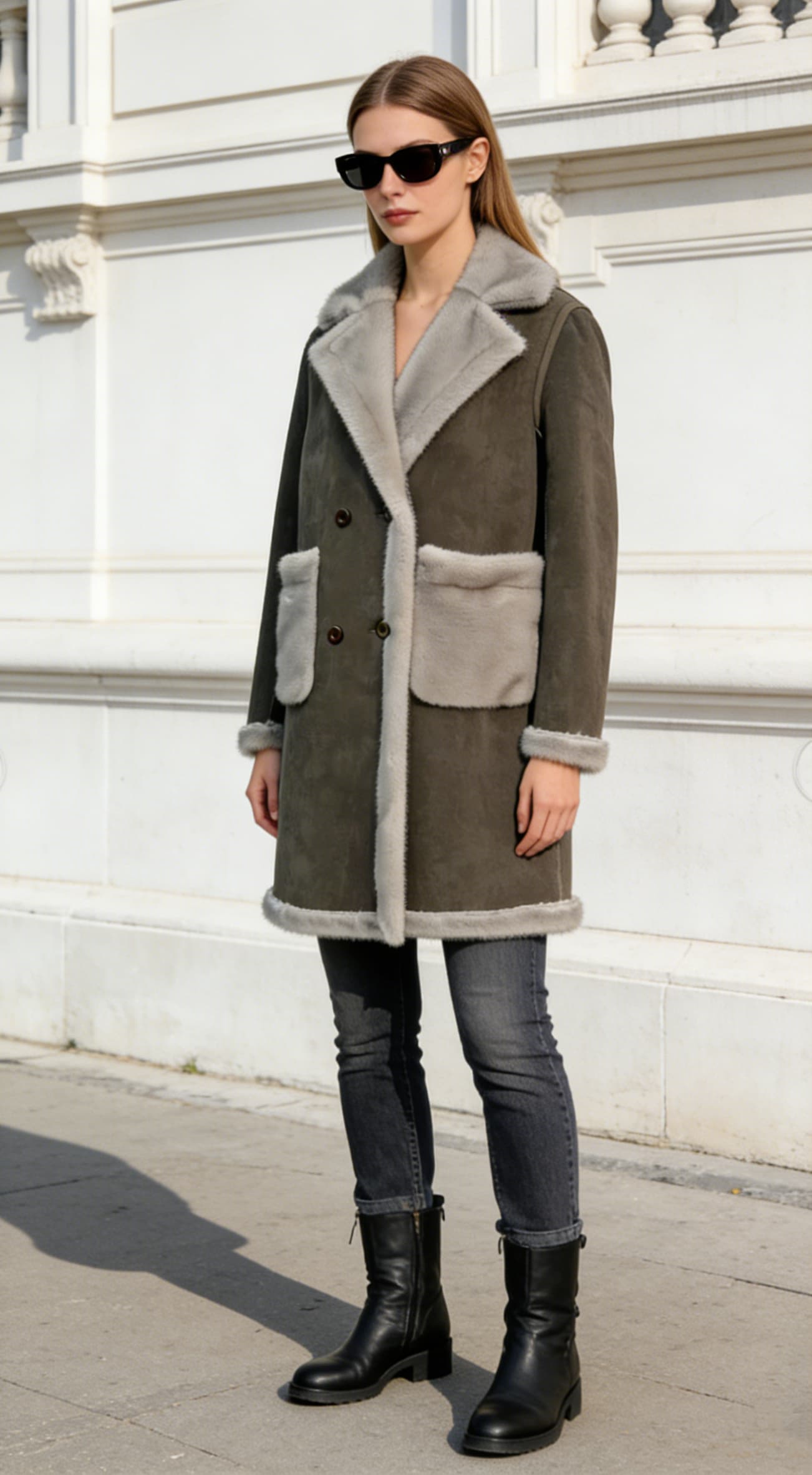 Gray Reversible Coat styled on model