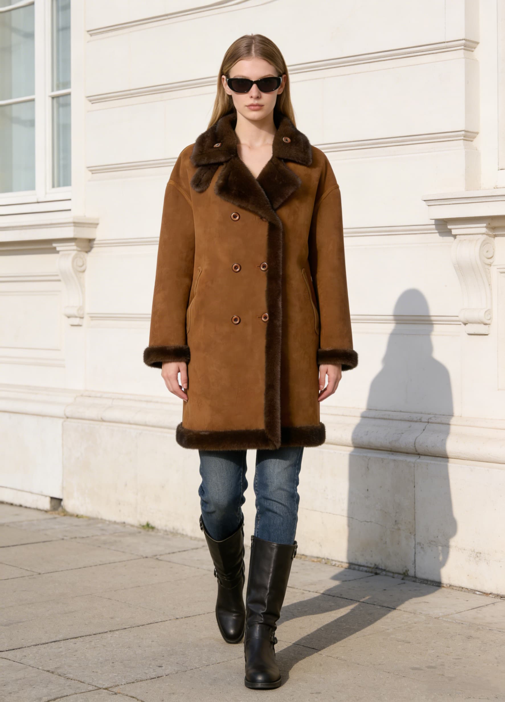 Textured Reversible Coat styled on model