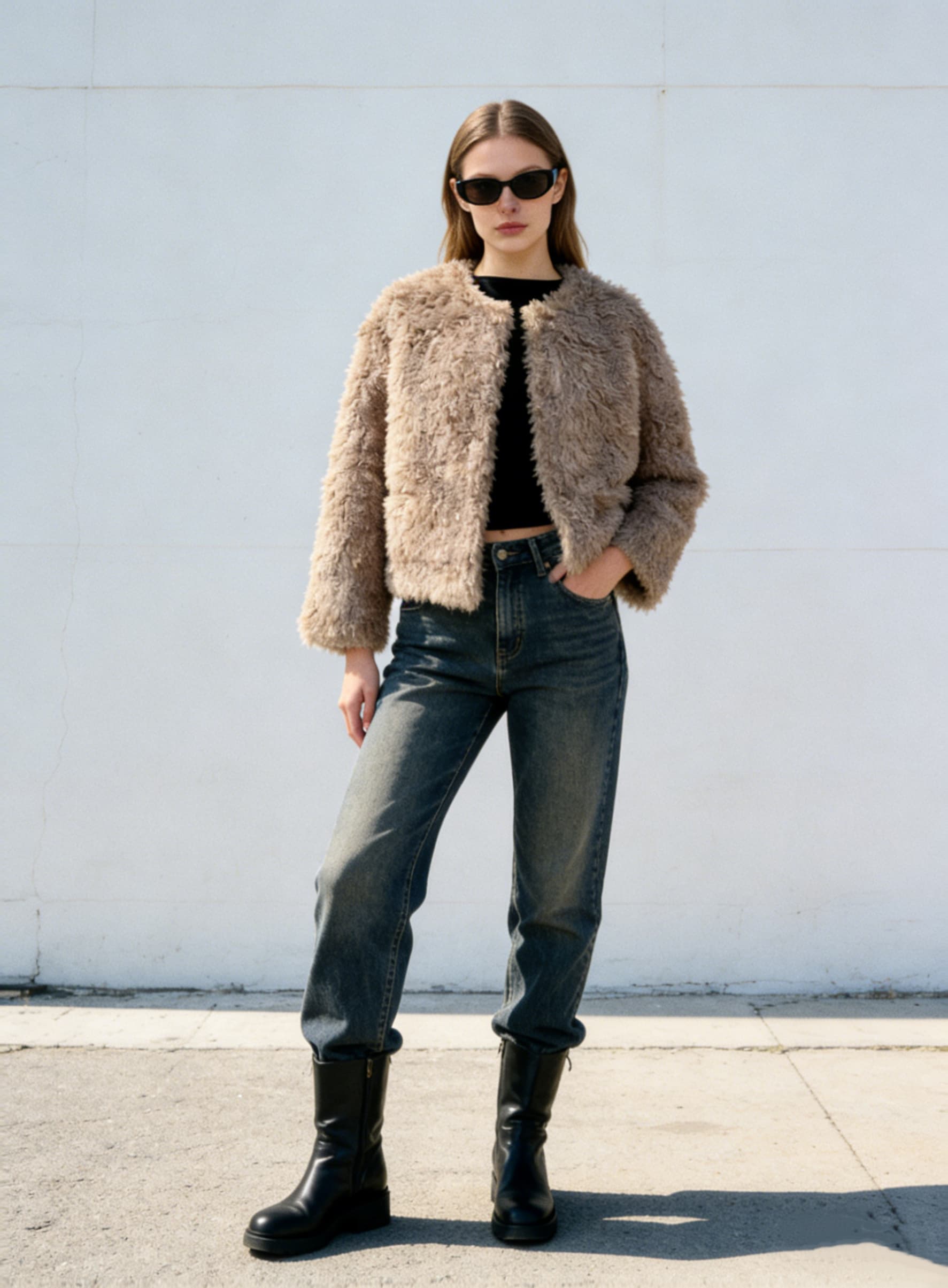 Gray-Brown Fur Coat styled on model