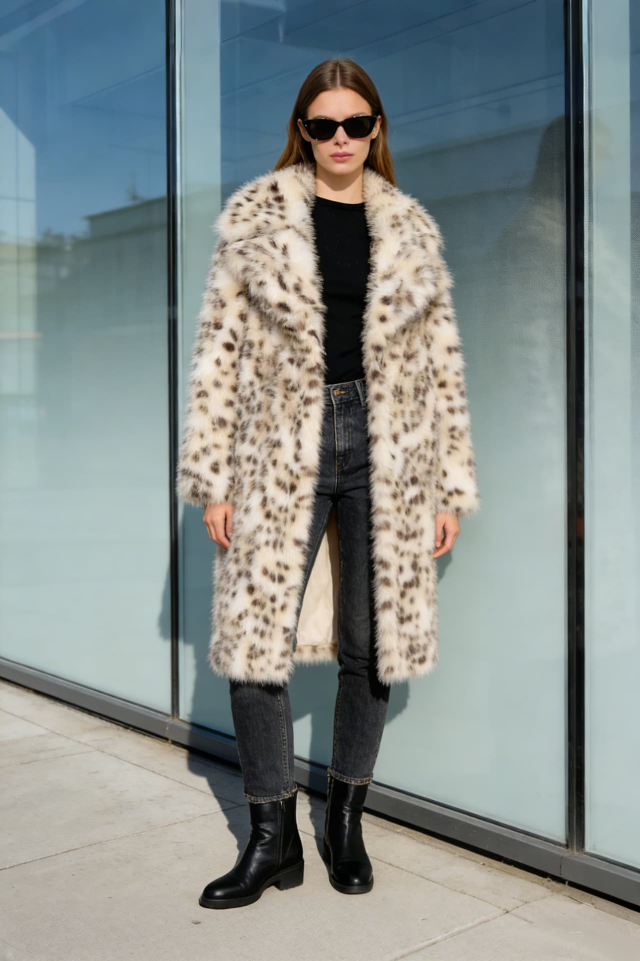 Lynx Print Fur Coat styled on model