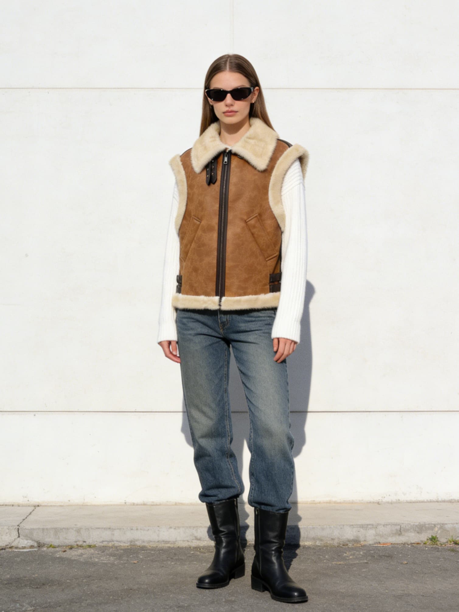 Suede-Trimmed Fur Vest styled on model