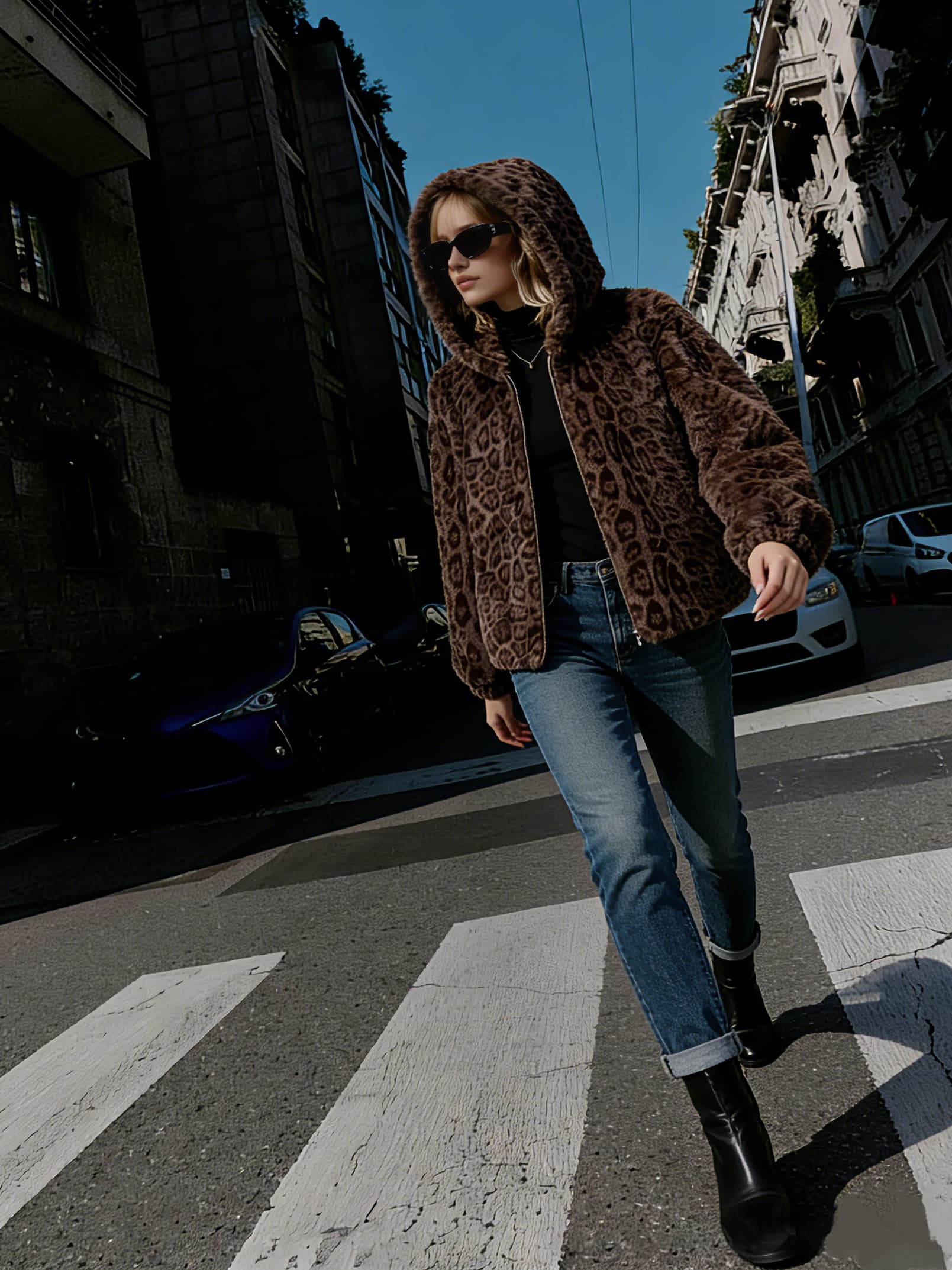 Tiger Gray Fur Coat styled on model