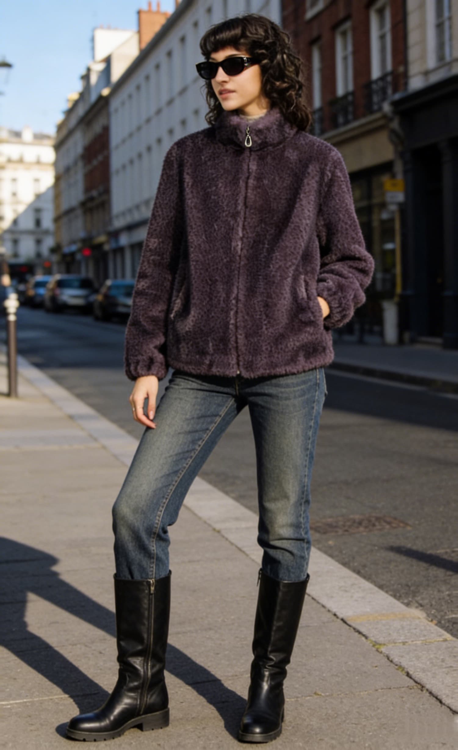 Purple Fur Jacket styled on model