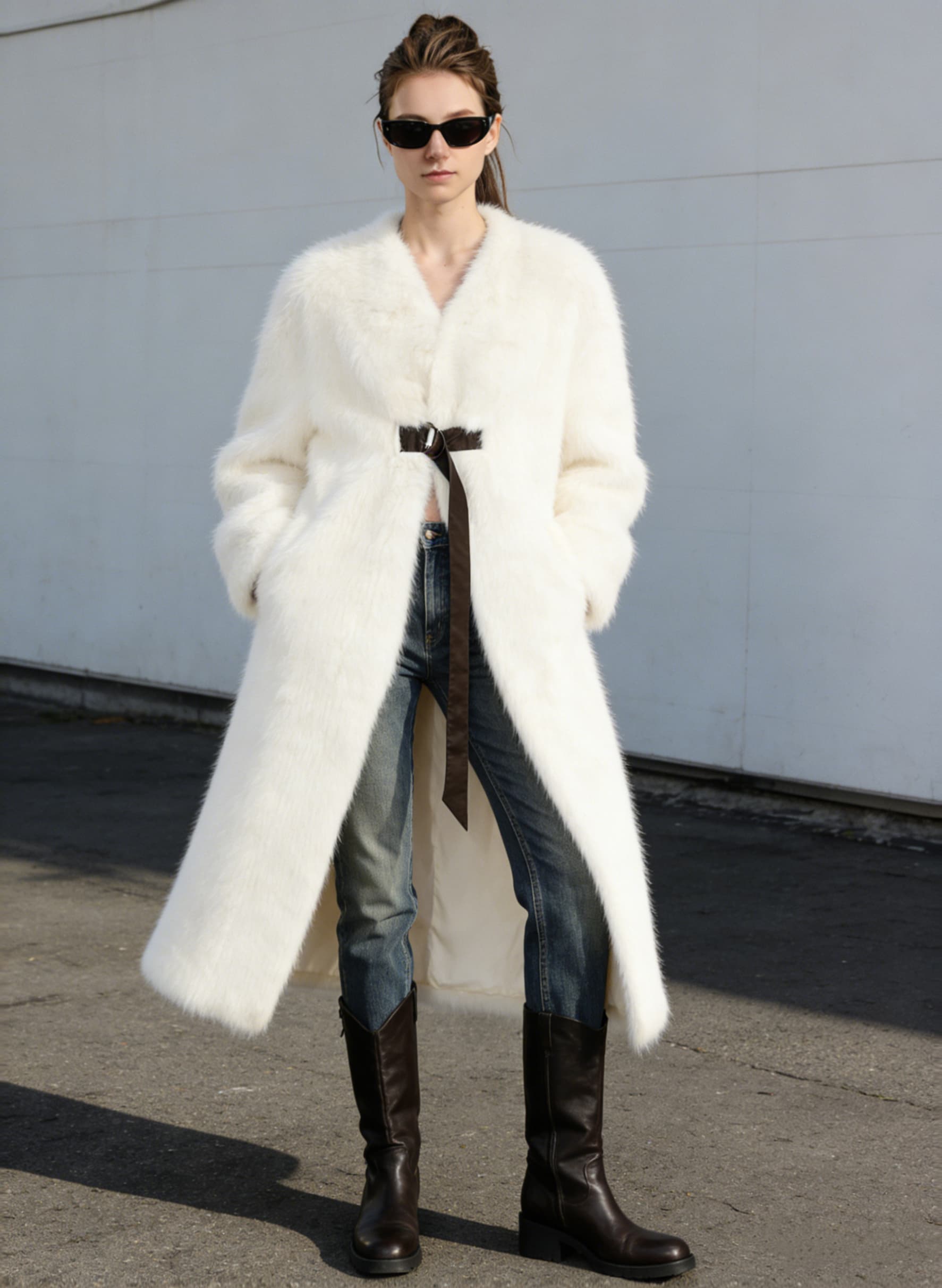 White Short Fur Jacket styled on model